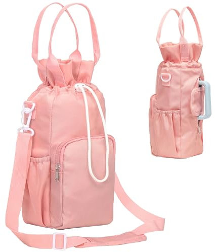 MZSX Wasserflasche Träger Tasche, Wasserflasche Träger mit Schultergurt isoliert, 2 Taschen für Hands-Free Walking, mit Riemen Sport Wasserflasche Zubehör, für Wandern Reisen Camping (Rosa)