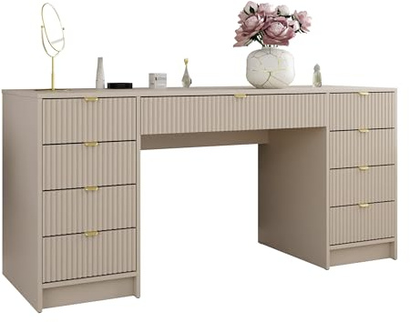 Mirjan24 Schreibtisch Tireno Bis, 9 Schubladen geriffelte Fronten Schülerschreibtisch Computertisch Kinderschreibtisch Arbeitstisch PC-Tisch Jugendzimmer Kinderzimmer (Sandbeige)