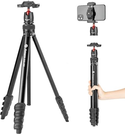 Fotopro Trípode de cámara de 64 pulgadas con clip de teléfono oculto 2 en 1, cabezal de video fluido, trípode de viaje portátil ligero de 1.5 libras para teléfono con cámara, carga máxima de 6.6