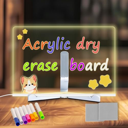 MOLHEM Acrylic LED Message Board with 7 Colors Pen/Stand,LED Writing Message Board Acrylic Dry Erase 30x20CM,Memo Tablet Letter Note Arts Doodle Whiteboard,Gifts for Child Home Office Cafe School