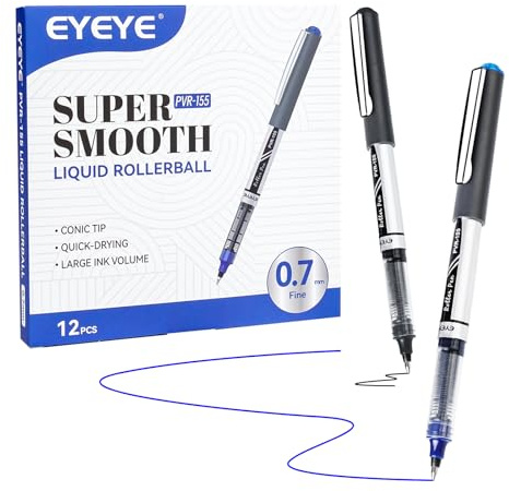 EYEYE Tintenroller mit flüssiger Tinte, 0,7 mm feine Spitze, 12 Stück (6 schwarze 6 blaue) Tintenroller, schnell trocknend, Roller, glattes Schreiben für Journaling, Notizen, Büro- und Schulbedarf