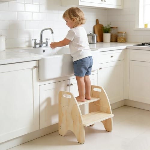 Comfoyar Taburete Infantil Madera con 2 Peldaños, Taburete Niños 2 Peldaños con Asa y Almohadilla Antideslizante, Silla con Respaldo Convertible, Altura Regulable, para Baño Dormitorio Cocina, Orinal