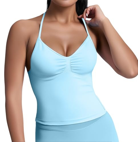 Generisch Camiseta deportiva sin costuras de nailon de alta elasticidad para mujer, con almohadilla en el pecho, para la espalda, fitness, deporte, yoga, bañador, cintura, azul claro, M