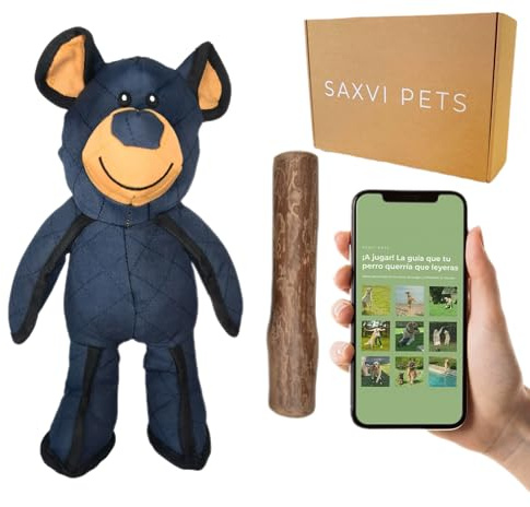 SAXVI Pets Pack Juguete Interactivo para Perros con Sonido + Mordedor Palo Madera de Café, Oso de Peluche y Masticación Natural – Incluye Guía de Consejos (Standard Edition)