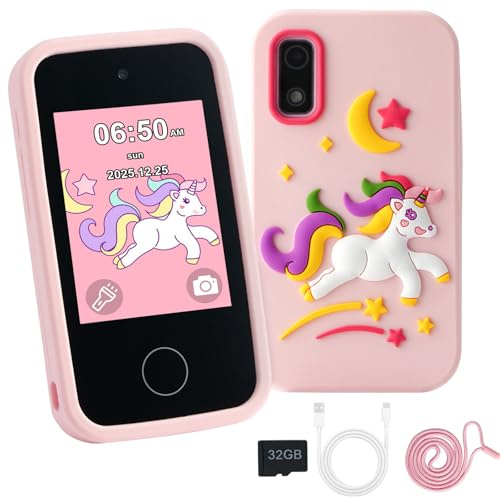 YUNIBRIX Telefono Giocattolo per Bambini, Telefono per Bambini con 32GB Card, Doppia Fotocamera, Giochi, Lettore Musicale, 2,8 Cellulare per Bambina dai 3 ai 12 Anni, Regalo di Compleanno Natale