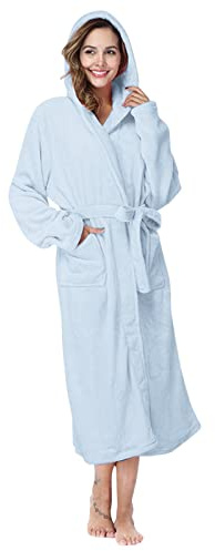 Peignoir à capuche en tissu éponge pour femme - Couleur unie - Peignoir de bain confortable en coton - Peignoir à capuche doux - Avec deux poches latérales et ceinture