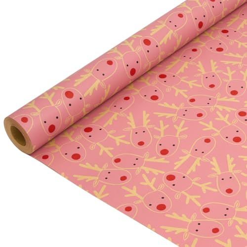 Papel Kraft para Envolver Regalos Navideños: Rollo Reciclable con Cabeza de Reno Rosa para Navidad, Cumpleaños y Acción de Gracias - 43 cm x 15 m