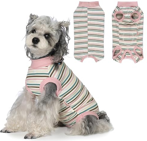Pawsailor Body Post Operatorio Cane a Righe Tuta Chirurgica per Cani Femmina Maschio Morbido Cotone Tutina Body Chirurgico Cane Maglietta Medica per Cuccioli, Protezione delle Ferite, Rosa-Verde L