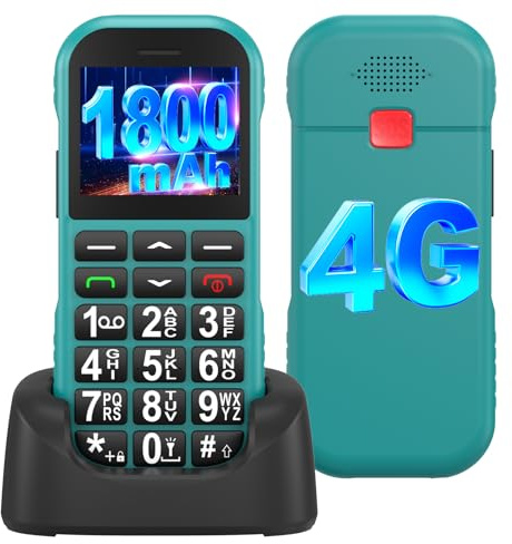 CHAKEYAKE Big Button Mobile Phone for Elderly, 4G SIM Free Senior Mobile Phones Unlocked with Large Volume, 1800mAh Long-Lasting Battery, SOS Button, Charging Dock, Speed Dial, FM Radio, Green