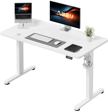 AWEV Electric Standing Desk 120 x 60 cm, Height Adjustable Sit Stand Desk with Backpack Hook & Memory Smart Pannel, Home Office Desk, White