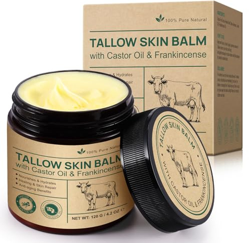 Beef Tallow Crème bio 100% grassfed de bœuf pour les soins de la peau, avec huile de ricin et huile d'encens, visage et corps, hydratant pour toutes les peaux, Hydratation et soin