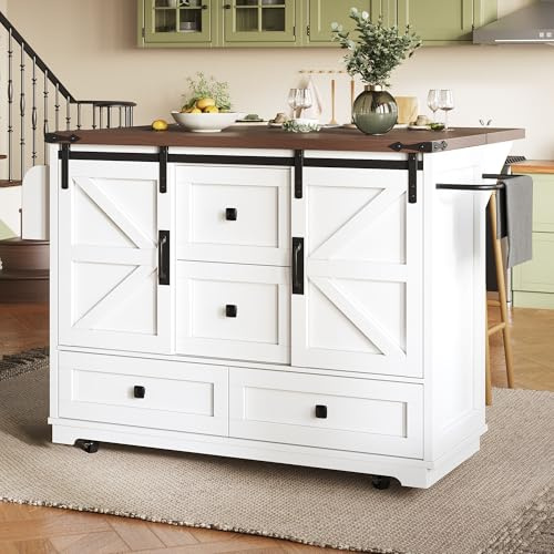 Huayz Carrito de cocina multifuncional con mesa plegable, isla de cocina móvil, bar, aparador con espacio de almacenamiento, carrito de servir con tres cajones y dos puertas de armario