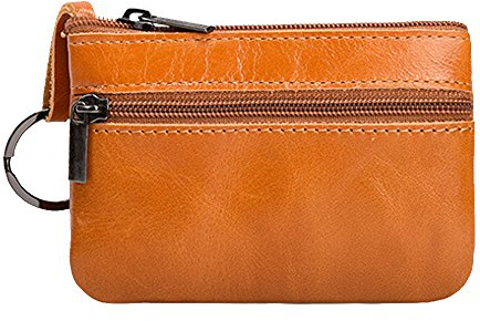 Hibate Women Mini Coin Purse Wallet Genuine Leather Zipper Pouch with Key Ring - Yellow