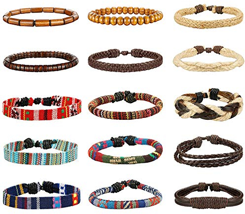 Milacolato 15pcs Männer Frauen Leinen Hanf Cords Holzperlen Ethnische Tribal Armbänder Leder Armbänder