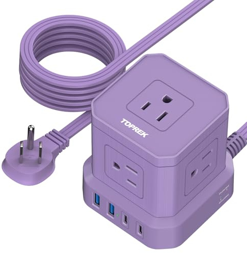 TOPREK Power Strip with USB, 10 FT Flat Extension Cord with 5 Outlets, 2 USB-C & 2 USB-A, Compact Desk Charging Station for Home Office, Dorm, Hotel, Travel, 700J Surge Protection