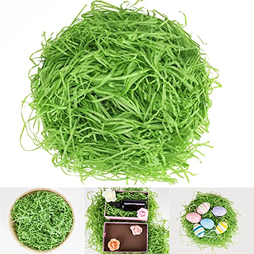 yumcute 200g Ostergras Grün, Osterkorb Deko, Ostergras Dekogras, Geschreddertes Papier Füllmaterial für Pakete, Geschenkfüllung Papierschnitzel Raffia, Füllmaterial für Geschenkbox/Körbe