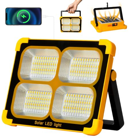 Nulmvic Projecteur Led Rechargeable 100W: Projecteur Led Chantier avec Panneau Solaire - 12000mAh USB Lampe Chantier 4 Mode d'éclairage Idéal pour Camping Travail Garage Atelier