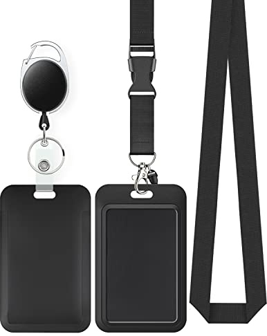 Uniclife Porta Tarjetas Identificativas Deslizante Funda de Plástico Vertical con Llavero Retráctil y Lanyard Enfermera Protector Rígido Negro para Carnés Escolares Estudiante de Oficina