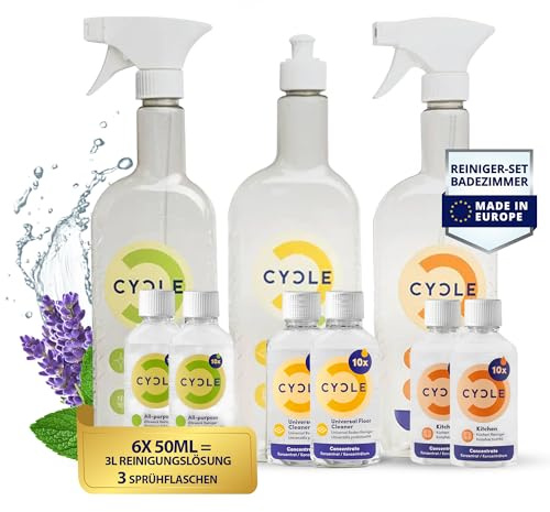 CYCLE Rengöringsset av återvunnet avloppsvatten [hållbart och återvunnt] 6 x 50 ml koncentrat för köksrengöring allrengöringsmedel golvrenare – 2 x 500 ml & 1 x 1000 ml flaskor – miljövänligt