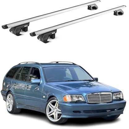 OMAC Barre Portatutto Alluminio TÜV geprüft per Mercedes C Klasse S202 S203 S204 1993-2014 – per Rail Tetto Standard – T Nut – Max 90 kg – 2 Schlösser Argento