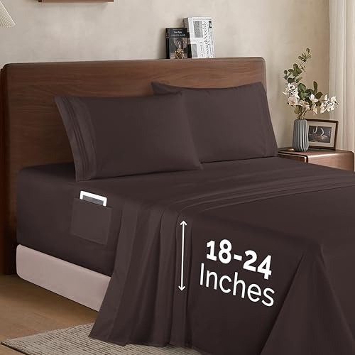 Elegant Comfort Luxury 1500 Premium Hotel Quality Microfiber 4-Piece Sheet Set - Soft, All Around Elastic 18-24 Inches Deep Fitted Sheet - Extra Deep Pocket Sheets, Queen, Chocolate Brown