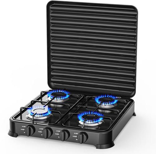 INTEC - Réchaud à gaz 4 feux 8800W Plaque de cuisson gaz portable Noire Gaz Butane ou Propane Bruleurs inox