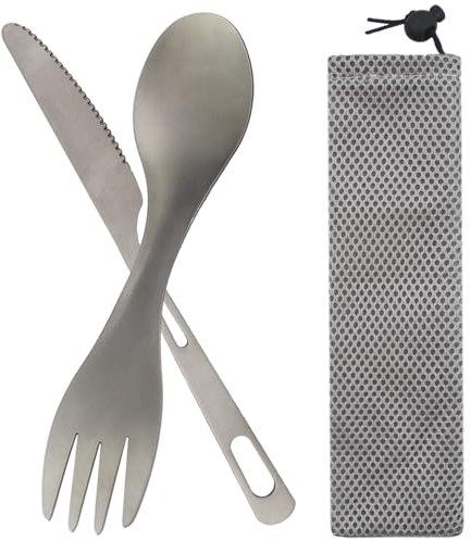 2pcs Besteckset mit Grau Bestecktaschen Drawstring,Titan Löffel/Spork 2 in 1+Tischmesser,Göffel Titan,Titan Besteck,Reisebesteck,Titanium Camping Utensilenset,Tragbare,für Büro,Schule,Picknick