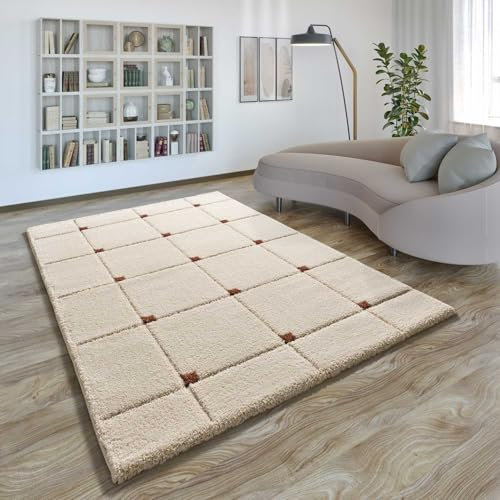 ATTICGO Alfombra de Pelo Largo Brenda - Rectangular - Fibra sintética - Alfombra para salón y Dormitorio, de Estilo Shaggy geométrico - Blanco 8830-60x120 cm