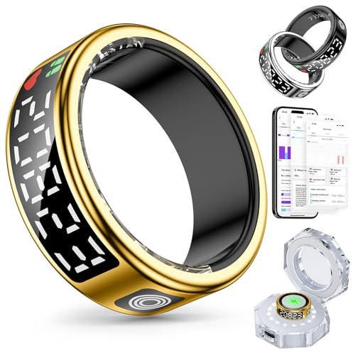 Smart Ring Smartringe für Herren Damen, Fitness Tracker Rings mit LED Anzeige, Gesundheitsring IP68 Wasserdicht mit iOS und Android,Aktivitätstracker/Herzfrequenz/SpO2/Schlaf (Gold, 10)