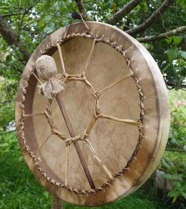 Tambor chamán de 40 cm, marco de madera, piel de búfalo, cordones de cuero crudo, tambor de mano de percusión chamánico hecho a mano, sonido suave profundo, meditación de yoga, curación de