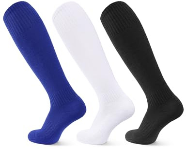 JOCMIC 3 Pairs Kids Football Socks, Junior Knee High Sports Socks Boys Long Cushioned Training Rugby Hockey Socks Aged 5-12, Black/White/Blue