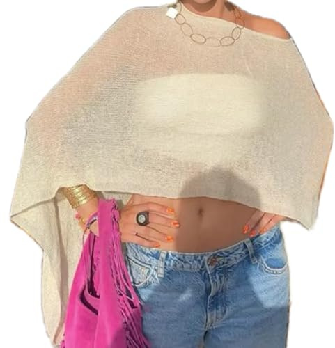 Betrodi Womens Sheer Knit Poncho Top Y2k Crochet Shrug Shawl One Shoulder Mesh Blouse Lightweight Pullover Sweater Shirts(Fashion Yellow,One Size)