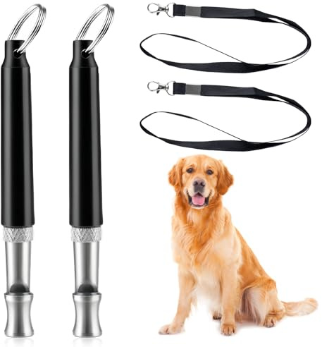 Funver 2 fischietto ad ultrasuoni per cani, fischietto di addestramento ad alta frequenza regolabile con cordino, strumento anti-abbaiare e educare canino portatile per cani piccoli e grandi