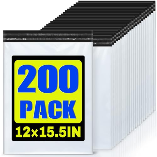 LINSIRON 200 Pcs Poly Mailers Shipping Bags 12x15.5 Inch Packaging Clothes Polymailers Envelopes Mailing Package Self Seal Shipping Envelopes Waterproof Poly Bags Small Business Supplies Package White