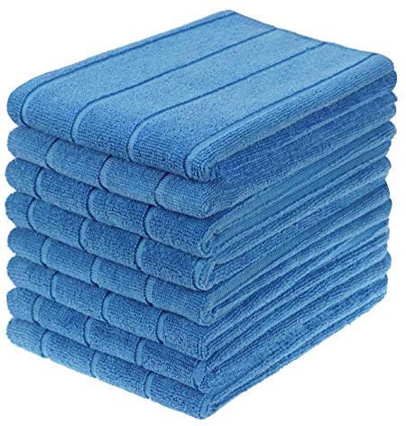 gryeer Microfibre Tea Towels, 50 x 70 cm, Pack of 8, Blue | Super Absorbent, Extra Large, Thick, Stripe Designed Kitchen Towels