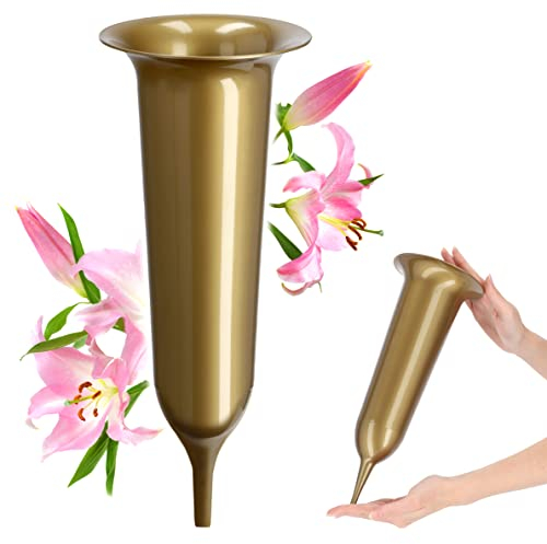 KADAX Jarrón funerario, jarrón de plástico, florero de plástico para Flores, jarrón de Cementerio, Resistente a Las heladas, jarrón para Tumba, decoración Resistente (12 cm, con estaca, Dorado)