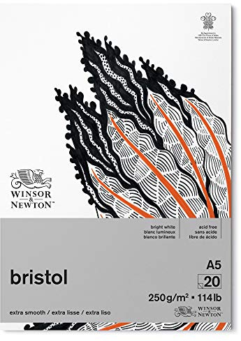 Winsor & Newton 6661544 Bristol Zeichenpapier im Block - 20 Blatt DIN A5, 250g/m², kopfgeleimt, strahlend weißes Papier für Zeichnungen mit technischen Stiften, Finelinern, Tusche, Markern, Airbrush