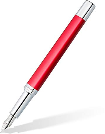 STAEDTLER Triplus 474 F Fountain Pen Roaring Red Premium Quality Metal Casing in Ergonomic Triangular Shape Steel Nib F with Blue Ink Cartridge 474 F02-3
