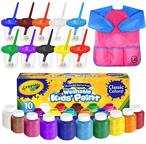 The Mega Deals Kids Painting Set - Washable Non-Toxic Finger Paints (10 Colors of 2 oz) with 10 Paint Cups, 10 Brushes, Kids Smock Mess-Free Toddler Art Supplies Painting Kit for Kids Gift Bundle