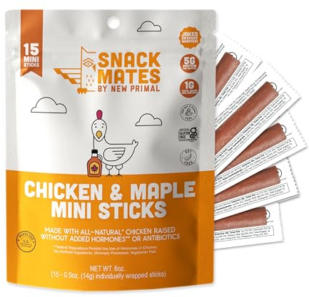 The New Primal Snack Mates Chicken & Maple Sticks, Gluten Free Healthy Snacks for Kids, Low Sugar High Protein Back to School Snacks, Mini Paleo Jerky Meat Stick, 5g Protein, 35 Calories, 15 Pack
