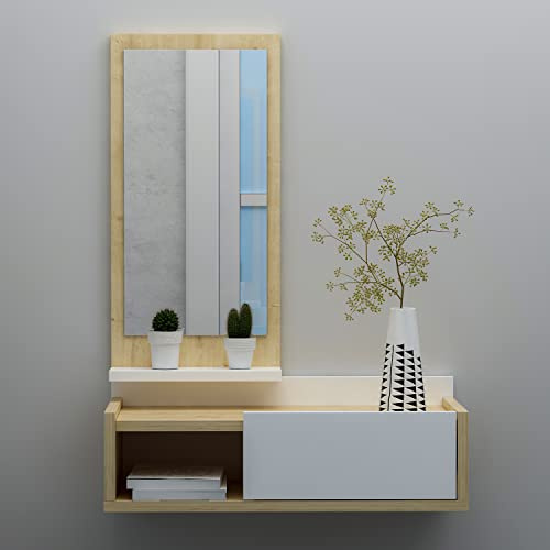 Homidea Maya Meuble de couloir suspendu - Armoire miroir - Porte-manteau mural - Garde-robe de couloir pour l'entrée avec tiroir, miroir et étagère de style moderne (chêne/blanc)