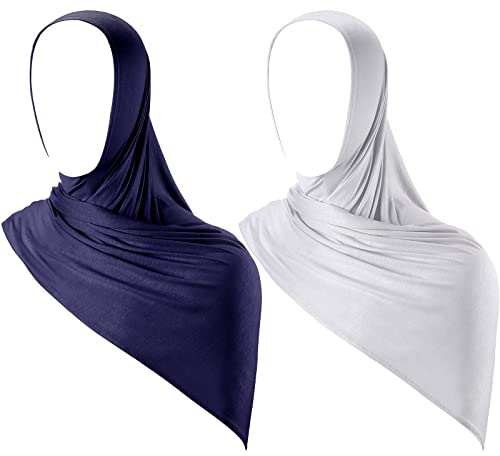 Handepo Lot de 2 foulards hijab instantanés en jersey pour femme musulmane, doux, léger, long et extensible, Bleu marine, gris, about 66 x 31.5 inches
