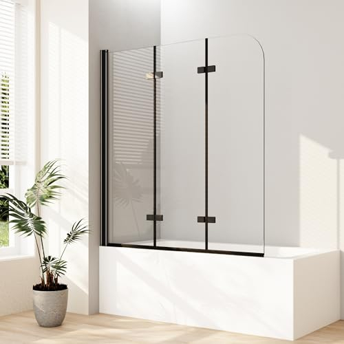 Duschwand für Badewanne, 130x140cm 3-teilig faltbar Duschwand Badewannenaufsatz Badewannenfaltwand Faltwand Duschabtrennung für Badewanne mit 6mm NANO Sicherheitsglas, Matt Schwarz