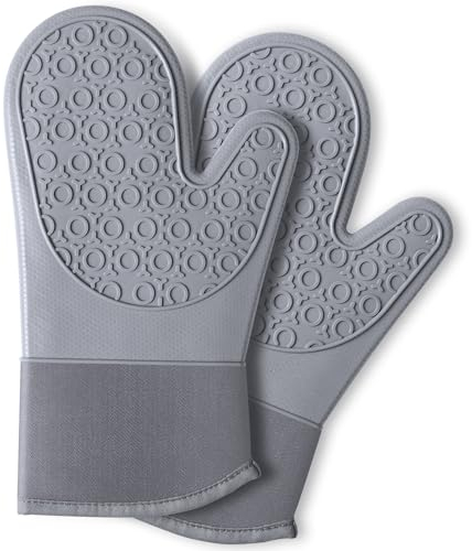 Ofenhandschuhe Topfhandschuhe Silikon - Anti-Rutsch Hitzebeständige Silikon und Flexibilität Baumwolle, 1 Paar 30cm Extra Lange Backhandschuhe Kochhandschuhe für Kochen Backen Grillen (grau)