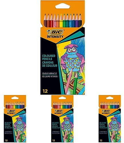BIC Intensity Buntstifte, Dreikant-Malstifte, Farbstifte zum Malen in 12 Farben, im Karton Etui, Bruchsichere Mine & ohne Holz (Packung mit 4)