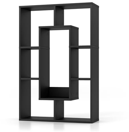 COSTWAY Geometric Bookshelf, 7-Cube Freestanding Storage Bookcase Cabinet with Anti-Toppling Device, Wooden Display Rack Shelving Unit Cupboard for Study Living Room Office (Black)