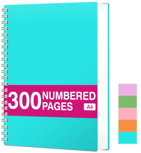 RETTACY Notizblock A4 Kariert, Spiralblock Notizbuch 100gsm mit 300 Seiten/150 Blatt zum Zeichnen, Kunststoff PVC Hardcover, zum Tagebuch, College,Konferenz, Reise, 21.5 x 27.9cm - -Türkis