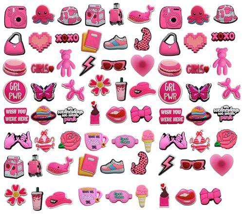 74Pcs Charmes de Chaussure,Pins pour Crocs,Décorations de Chaussures Roses,Breloque pour Sabots Sandales pour garçons,filles,hommes,femmes,cadeaux de d'anniversaire
