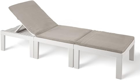 Sunlit Haven “Haiti” Garden Sun Lounger, White | 195cm Reclining Padded Patio Lounge Chair | Outdoor Furniture for Garden Lay Down Lounger | Plastic Folding Chaise Lounge Day Bed with Cushion