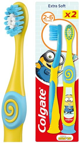 Colgate Kids Minions or Trolls Toothbrush 2 - 6 years - kids toothbrush - extra soft bristles - small toothbrush head - soft tongue cleaner - rounder handle and thumb rest - suction cup